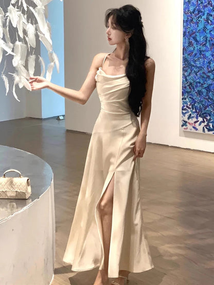 Evening Midi Dress Sleeveless Bodycon Slim Party Strap Dress Office Lady Korean Clothing Y2k
