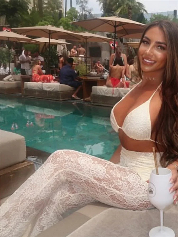 Summer 3 Piece-set Trousers Swimwear V-neck See-through Backless Top and Printed ’s Pants Outfits