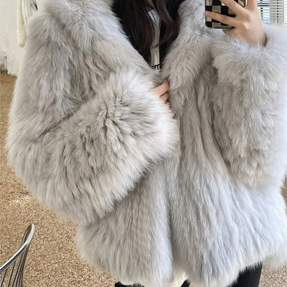 Winter Faux Fur Coat Hooded Loose Long Sleeve Outerwear High Street Fur Jacket Female Overcoats New
