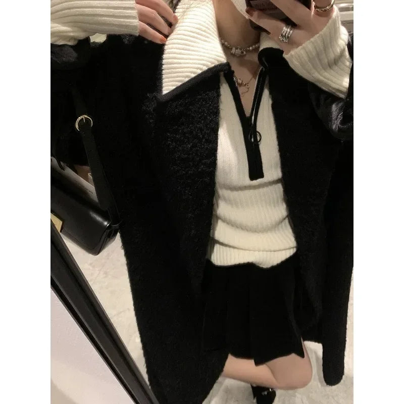 Zipper Slim Knit Longsleeved Sweater Autumn New Turn Down Collar Contrast Color Patchwork Tops