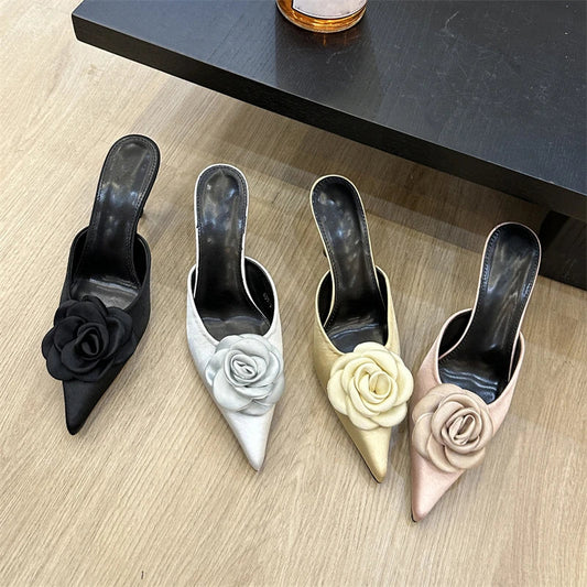 Designer Flower Pointed Toe Pumps Shallow Thin High Heels Shoes Slide Mule Slippers