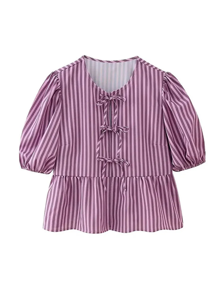 Summer Printed Cropped Shirts Top Puff Short Sleeves Round Neck Blouse Female Laceup Tshrit