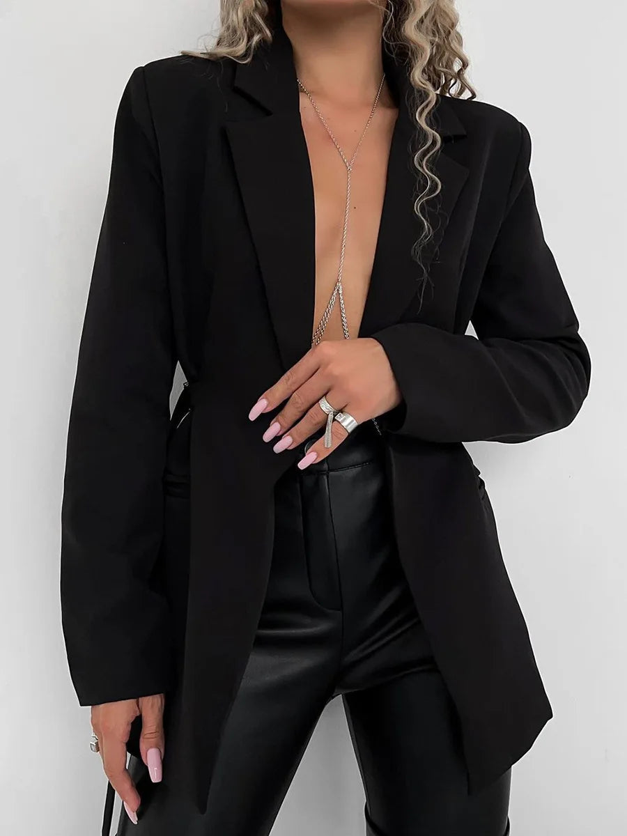 Autumn White Elegnat Green Single Breasted Blazers Lapel Belt Slim Blazers Coat Office Lady Jacket