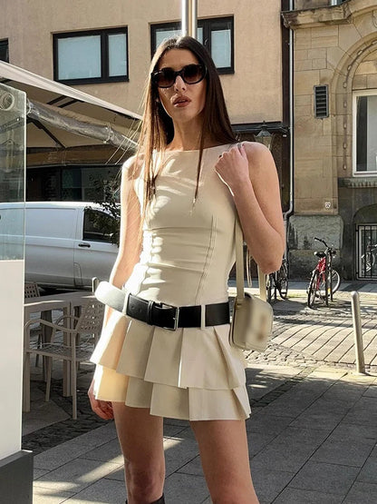 Woman Tank Dress High Waist Pleated Aline Dresses With Belt Sleeveless Slim Fit Mini Dress