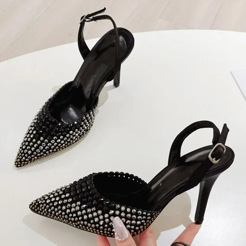 Rhinestones Pointed Toe Thin High Heels Hollow Buckle Designer Brand Sandals Female Banquet Party Shoes