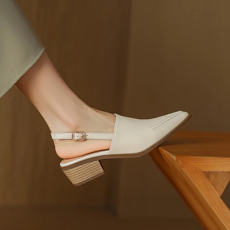 New Summer Sandals Genuine Leather Shoes for Pointed Toe Chunky Heel Shoes Simple Cover Toe Slingback Buckle Sandals