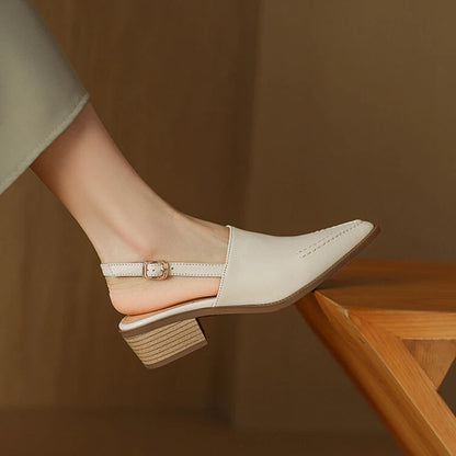 New Summer Sandals Genuine Leather Shoes for Pointed Toe Chunky Heel Shoes Simple Cover Toe Slingback Buckle Sandals