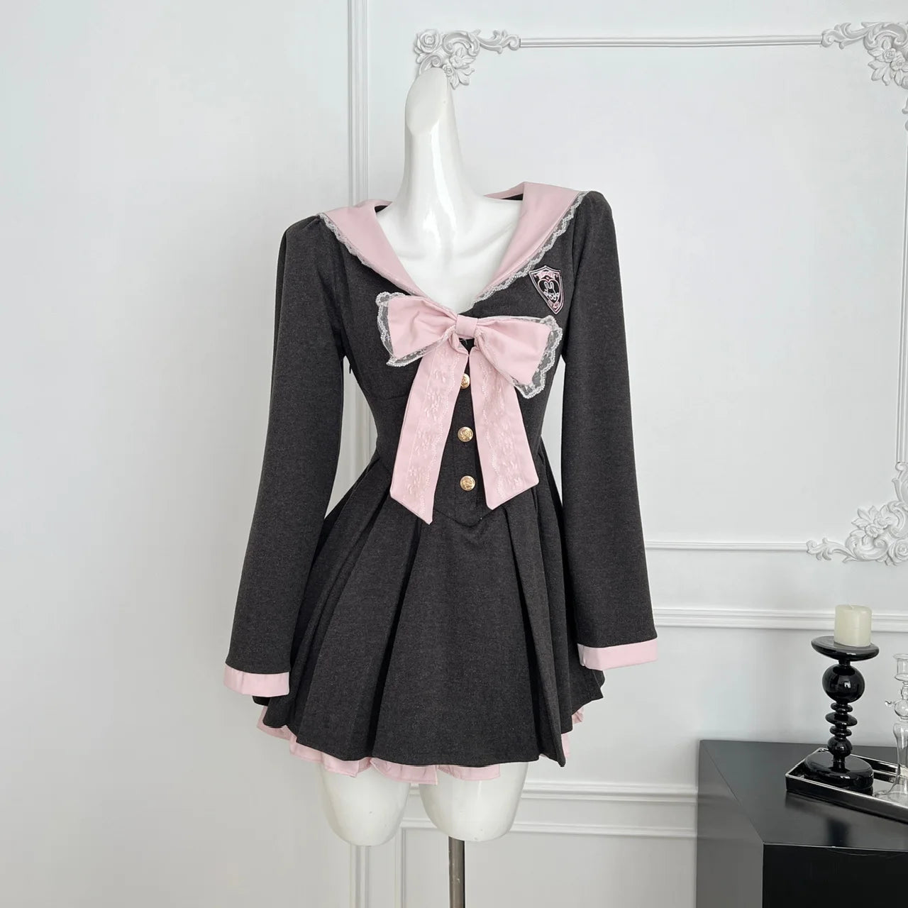 College Style Navy Collar Long Sleeve Pleated Dress Spring/autumn New Sweet Bow Waist Cinched Slim Aline Mini Dress for