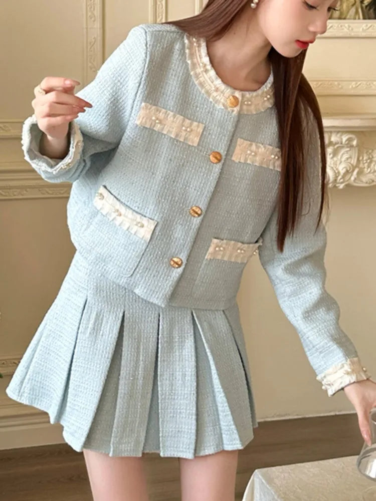 Spring Summer Korean Skirts Suit Coat A-line Pleated Skirts Two Pieces Set Female Clothes New