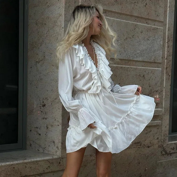 New Ruffles White Mini Dress Spring Summer Deep Vneck Flare Sleeve Waist Drawstring Vestidos Dresses