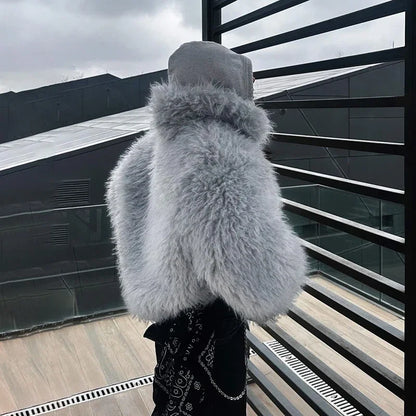 Fluffy Faux Mongolian Fur Coat for Winter Warm Furry Tibetan Sheep Fur Jacket Female Shaggy Overcoat