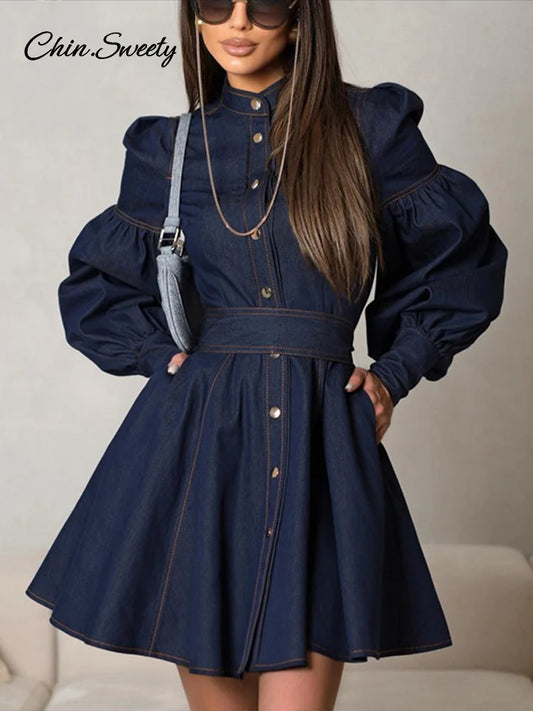 ’s Denim Blue Mini Dresses O-neck Long Sleeved Cinched High Waist Lace Up Dresses Spring Lady A-line Vestidos
