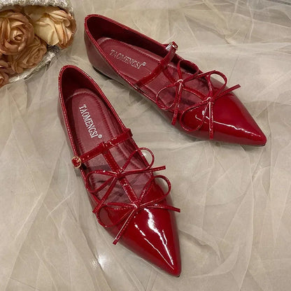Pointed Toe Metal Buckle Bow T Strap Mary Jane Flats Banquet Dress Design Comfortable Single Shoes