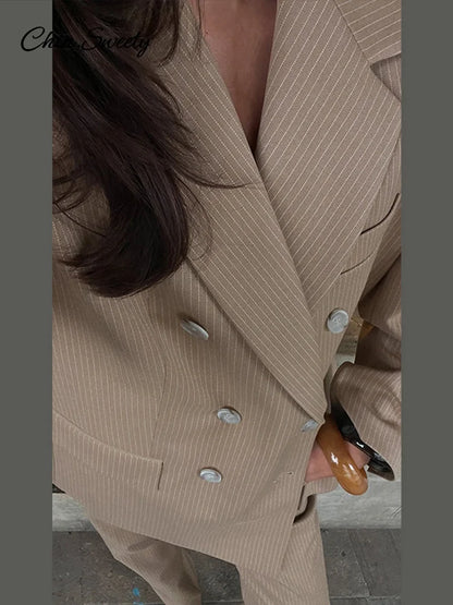 Striped Pant 2 Piece Set Double-breasted Full Sleeve Blazer Wide Leg Zipper Long Trousers Female Lady Commute Outfits