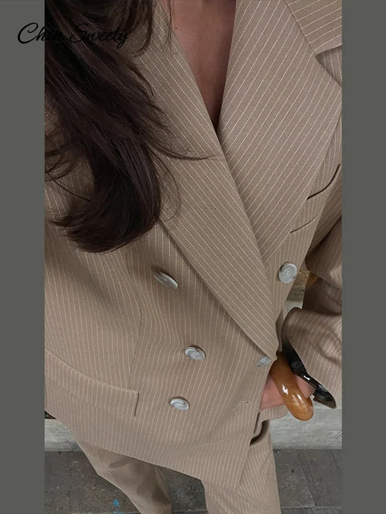 Striped Pant 2 Piece Set Double-breasted Full Sleeve Blazer Wide Leg Zipper Long Trousers Female Lady Commute Outfits