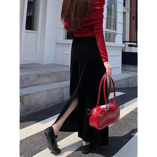 Velvet Black Aline Skirt Spring New High Waist Loose All Match Split Midlength Skirt