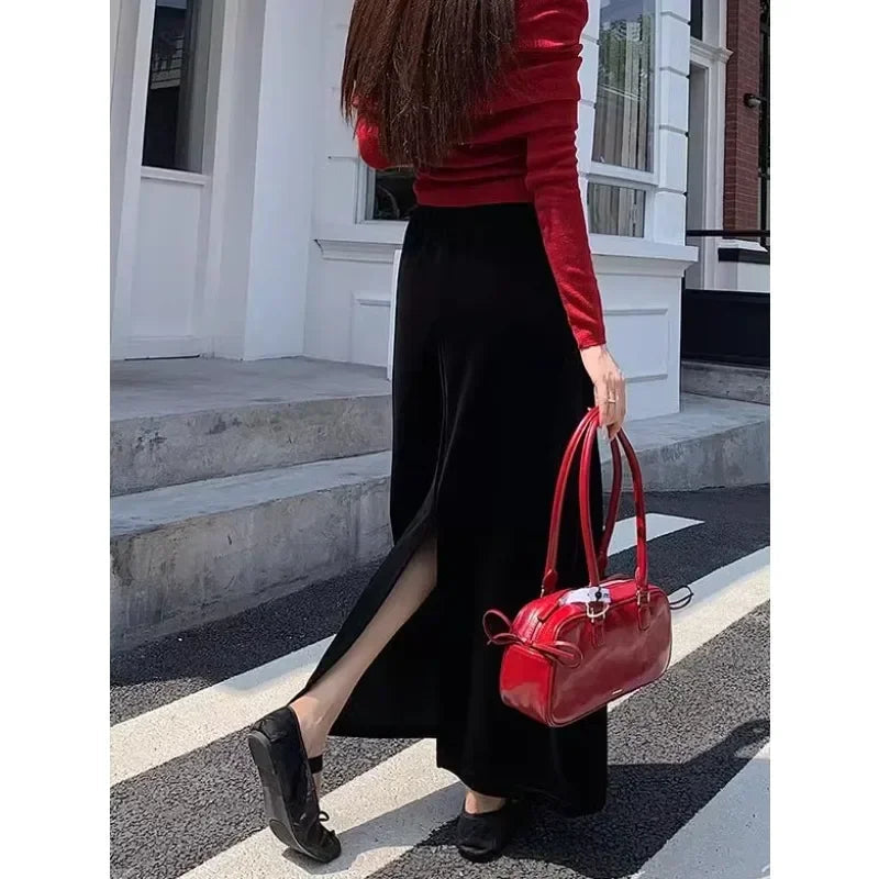 Velvet Black Aline Skirt Spring New High Waist Loose All Match Split Midlength Skirt