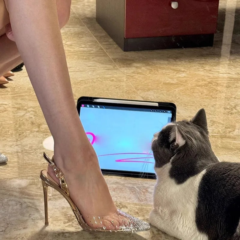 Rhinestone Transparent Pvc High Heels Gold Pointed Toe Shallow Buckle Strap Stiletto Sandals Back Strap Shoes