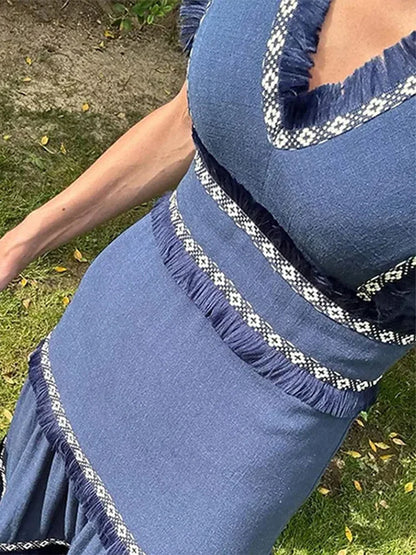 Tassel Spliced Print Ruffles Long Dress V Neck Sleeveless A-line Robe Lady Holiday Robe