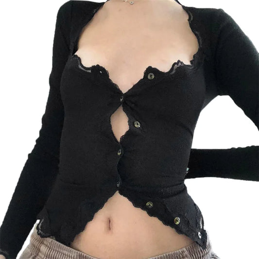 Coquette Shirt Y2k Clothes Color Lace Trim Single Breasted Long Sleeve Blouse Fairycore Clothing