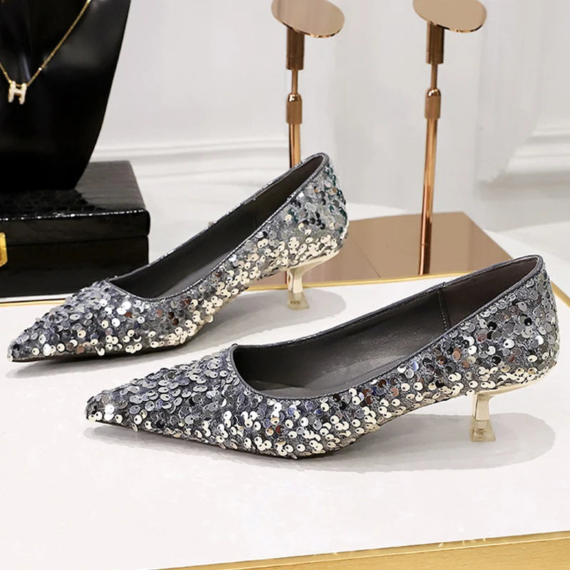 Shoes New Sequin ’s Shoes Sparkling Pumps Kitten Heels 4.5 Cm Low Heeled Banquet Shoes Size 43