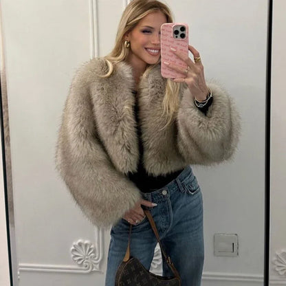 Iconic Street Week Brand Gardient Cropped Faux Fur Coat Winter Hot Cool Fluffy Short Fur Jacket