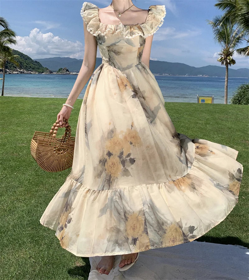 Prints Midi Dresses for French Clothing Holiday Beach Party Summer New