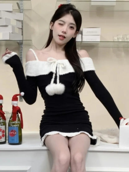 Kawaii Christmas Mini Dress Y2k Sweet Spaghetti Strap Slash Neck Birthday Party Dresses Bodycon Vestidos Female Outfits
