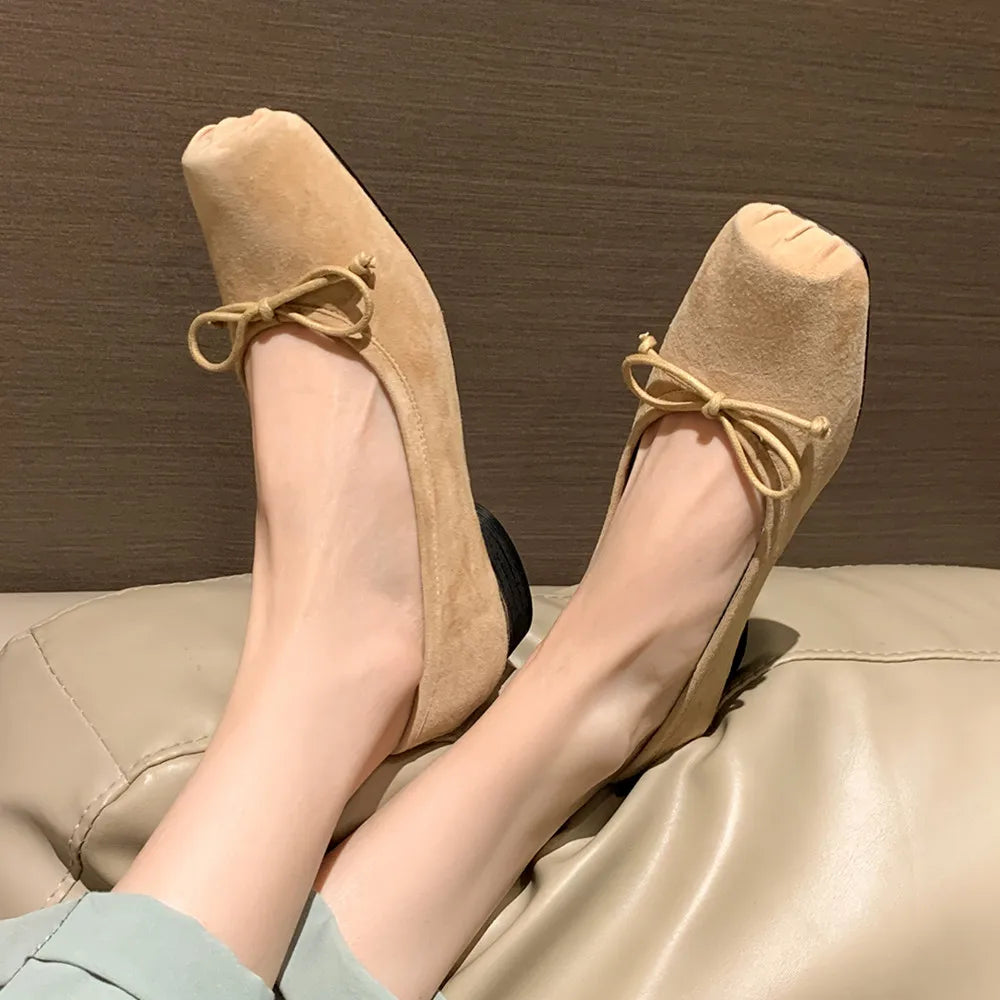 Natural Suede Leather Square Toe Slipon Ballet Flats Sweet Bowtie Female Ballerians Soft Comfort Shoes for