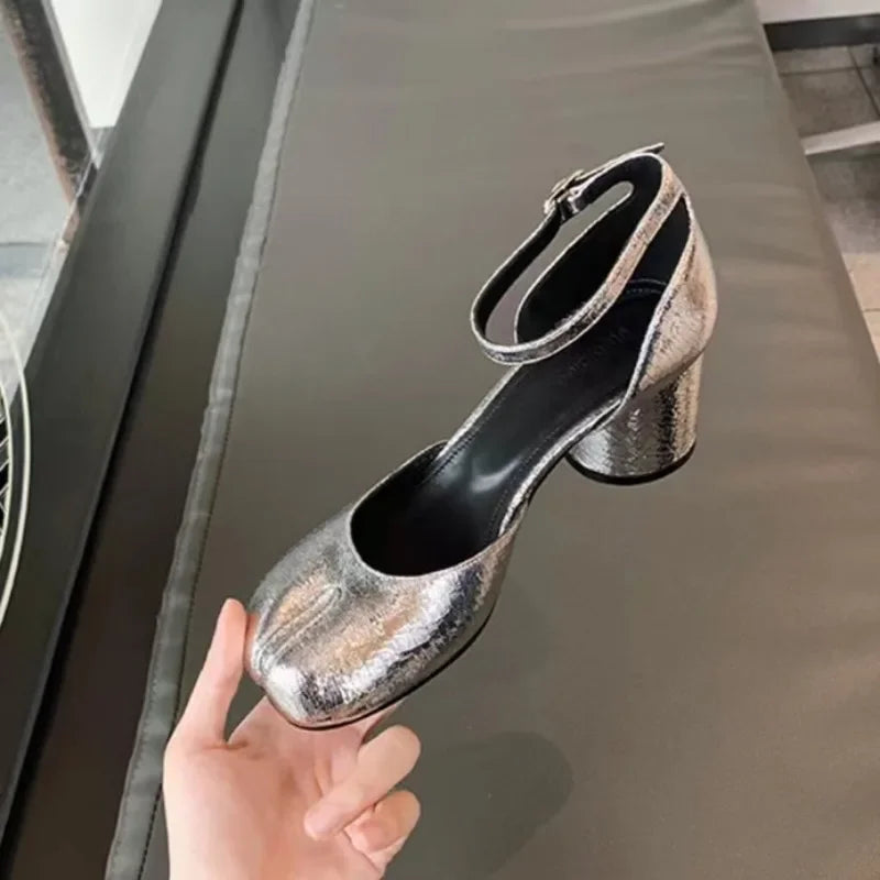 Tabi Ninja Shoes Womenround Split Toe Shallow Thick Heel Sandals Single Mid Heel Mary Janes Shoes Female Pumps