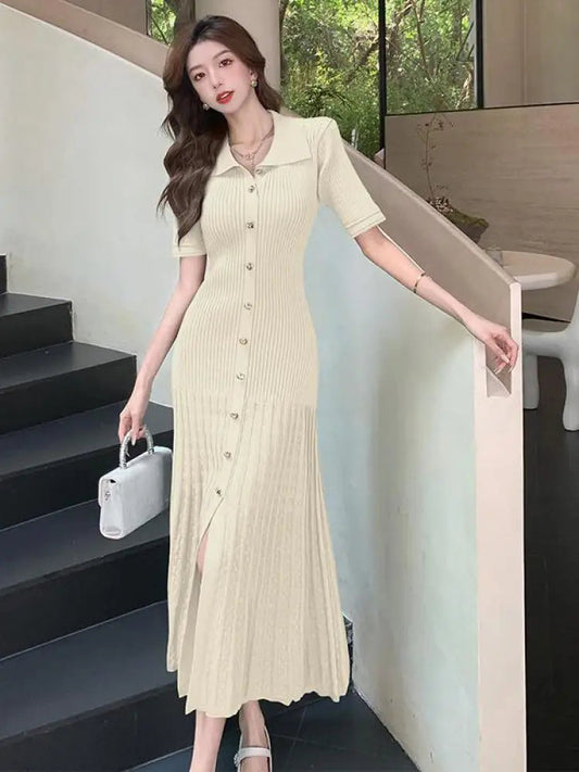 Black Beige Temperament Split Knit Dress Summer Single Breasted Robe Green Office Lady New Long Dress
