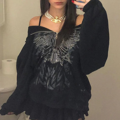 Dark Personality Printed Hoodie Female American New Black Hooded Zipper Coat Loose Top