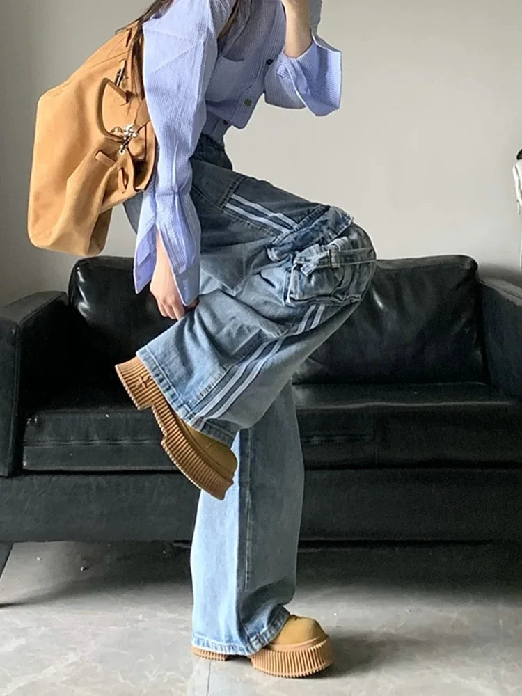 Stripe Blue Cargo Jeans Y2k Harajuku Loose Korean High Waist Denim Trousers Hip Hop Causal Female Pants