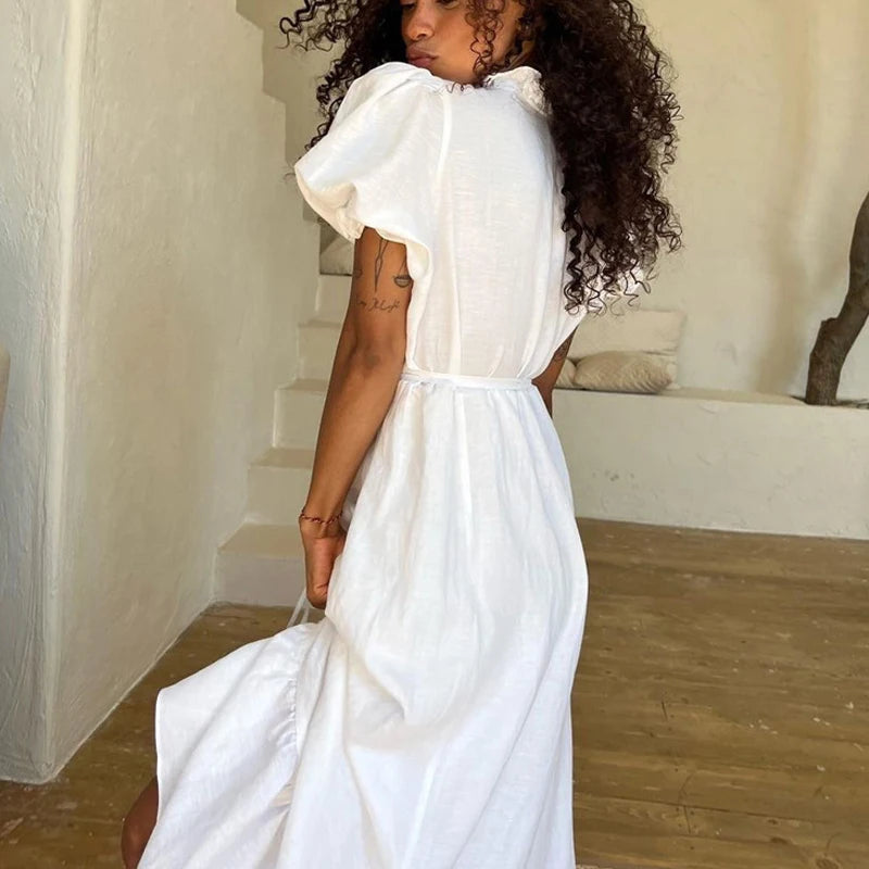 Leisure V-neck Lace Up White Maxi Dress for Color High Waisted Short Sleeves Ruched Patchwork Girdle Dress