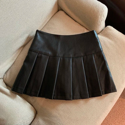 S-3xl Y2k Pu Leather Mini Skirts High Waist Pleated Skirt Korean Black Slim a Line Skirts