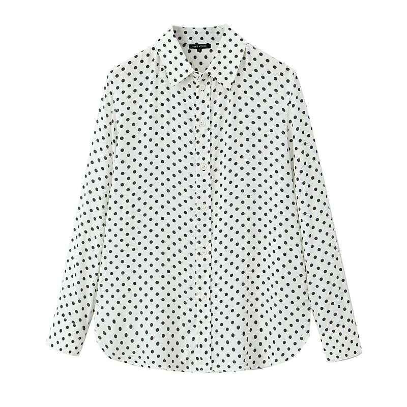 Woman Singlebreasted Lapel Blouse Long Sleeves Shirt Tops Office Lady Dot Print Loose Shirt