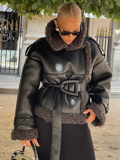 Patchwork Leather Sheepskin Coat Lapel Lace Up Long Sleeve Thick Warm Jacket Winter New Thick