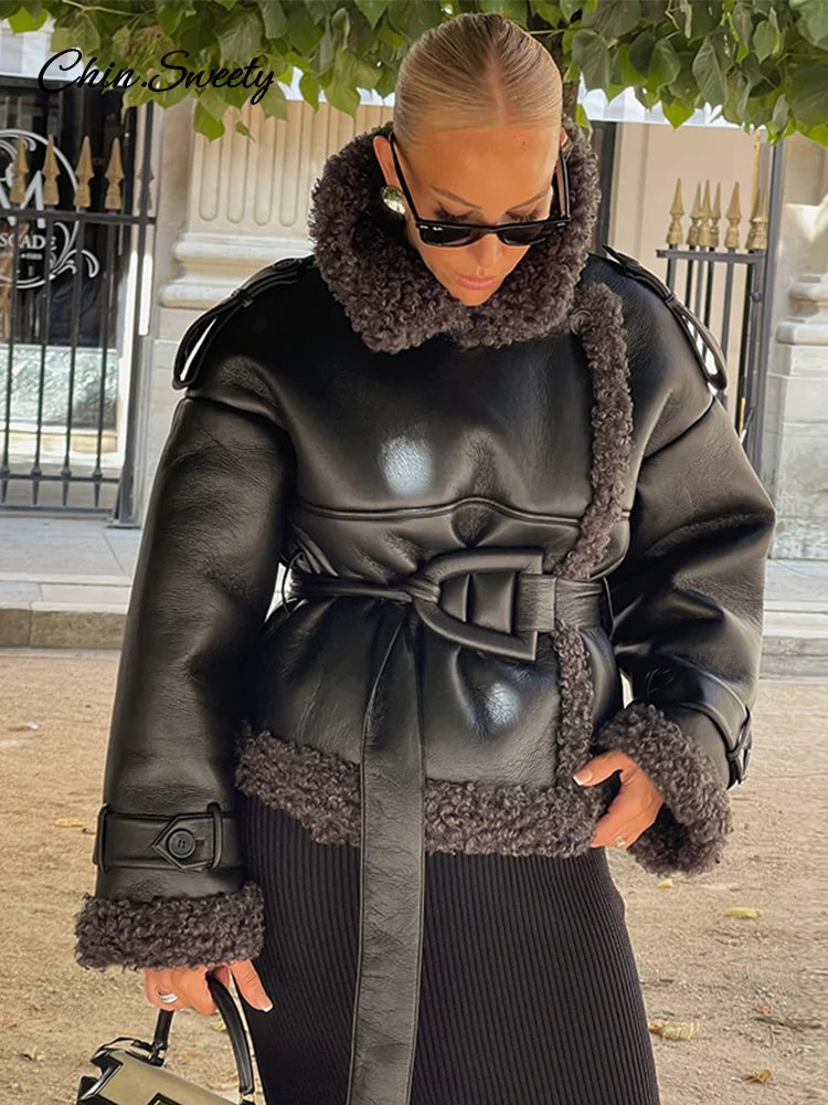 Patchwork Leather Sheepskin Coat Lapel Lace Up Long Sleeve Thick Warm Jacket Winter New Thick