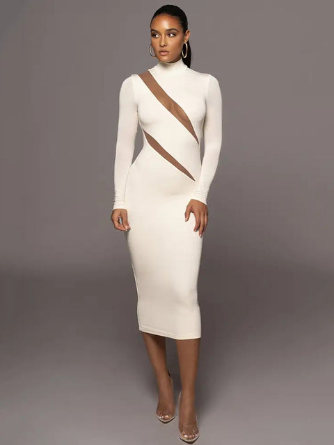 Autumn/winter Long Sleeve Mesh Patchwork Dress ’s Perspective Bodycon Midi Dress Female Party Evening Dress