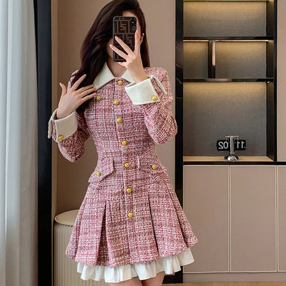 New Tweed Pleated Mini Dress Autumn Long Sleeve Korean Style Single Breasted Ruffle Office Lady Dresses