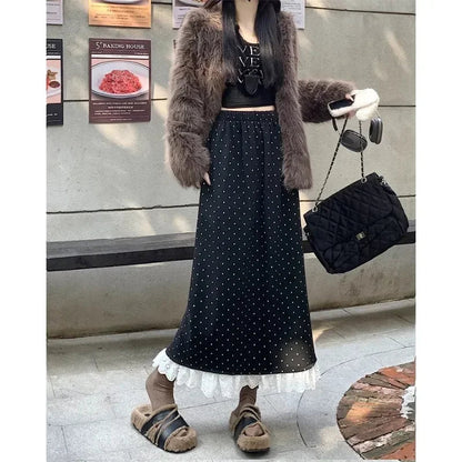 Contrast Color Lace Splicing Aline Skirt Spring New Korean High Waist Polka Dot Midlength Skirt