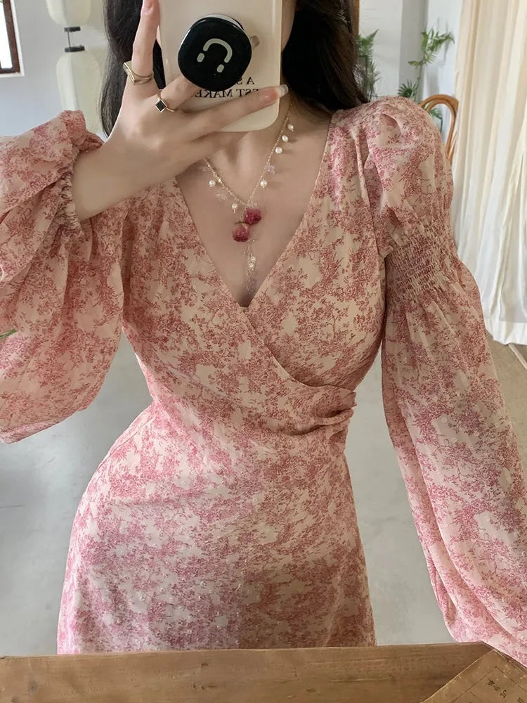 Long Sleeve Printed Midi Dress Woman Ol Dress Korean Autumn Beach Evening Party Dress Female