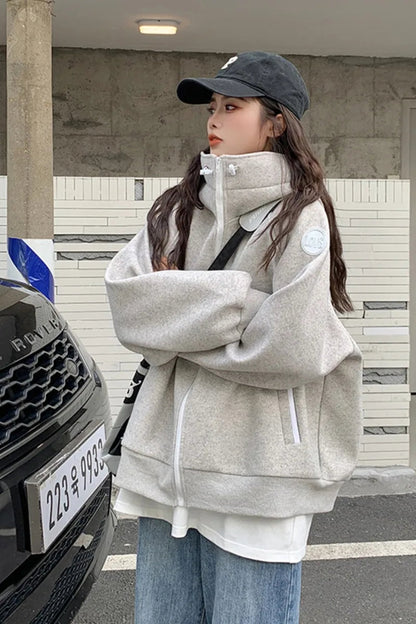 Sporty Hooded Longsleeved Sweatshirt Jacket for Autumn Stand Collar Loose Zippered Top Female Clothes