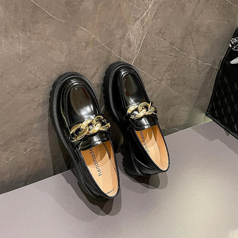 Shoes Spring New Relly Leather Loafers Retro Bite Thicksoled Nonslip Round Toe Shoes