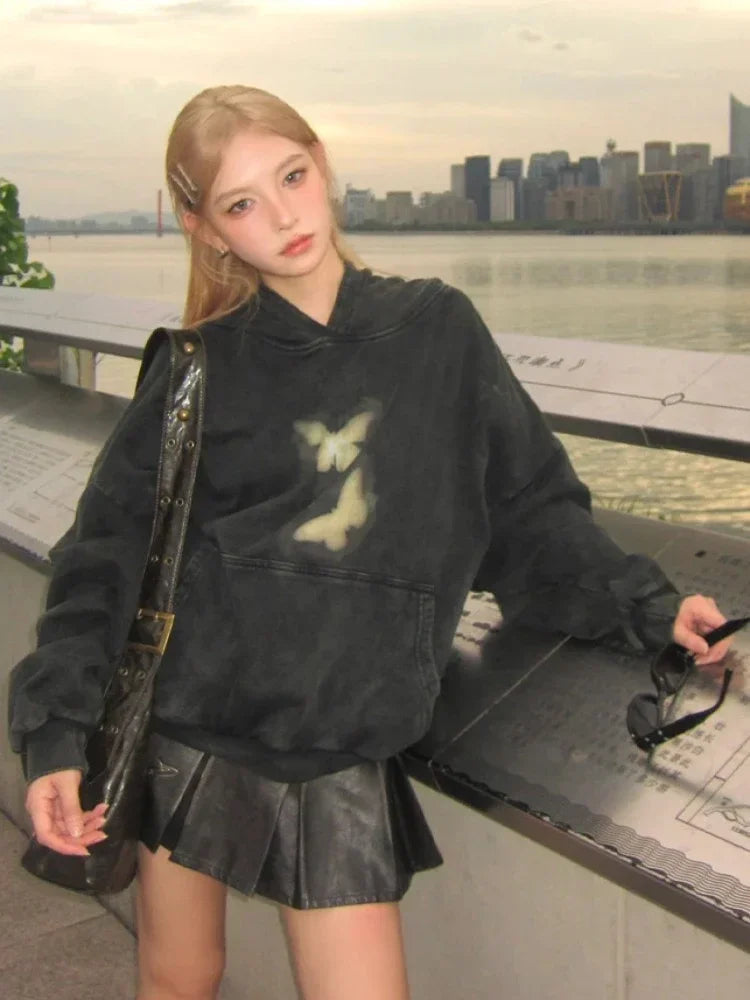 Butterflies Print Black Hoodie Harajuku Oversized Pullover Sweatshirts Maillard Reaction Cotton Clothes