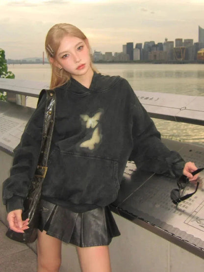 Butterflies Print Black Hoodie Harajuku Oversized Pullover Sweatshirts Maillard Reaction Cotton Clothes