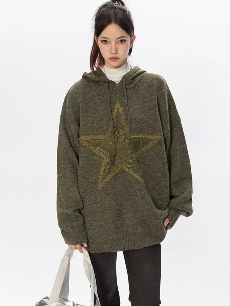 Star Graphic Knitted Hoodie Loose Long Sleeve Sweater Pullover for Autumn Harajuku Tops