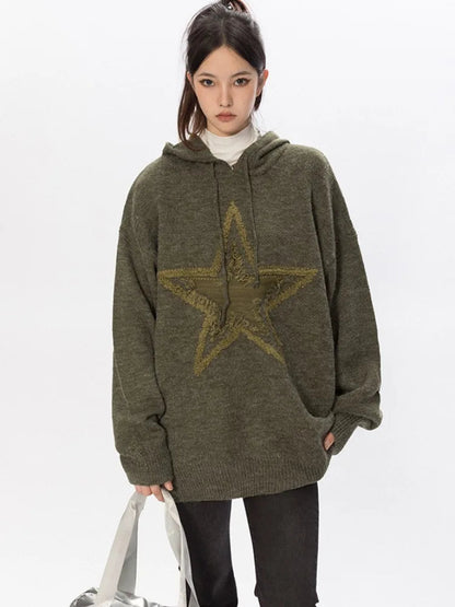 Star Graphic Knitted Hoodie Loose Long Sleeve Sweater Pullover for Autumn Harajuku Tops
