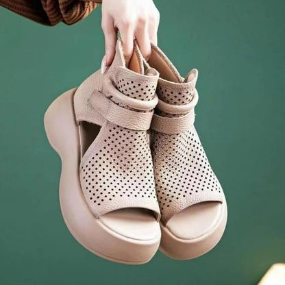 New Hollow Breathable Hole Shoes Thick Sole Leather Fish Mouth Hook Loop Retro Comfortable Wedge Sandal 43