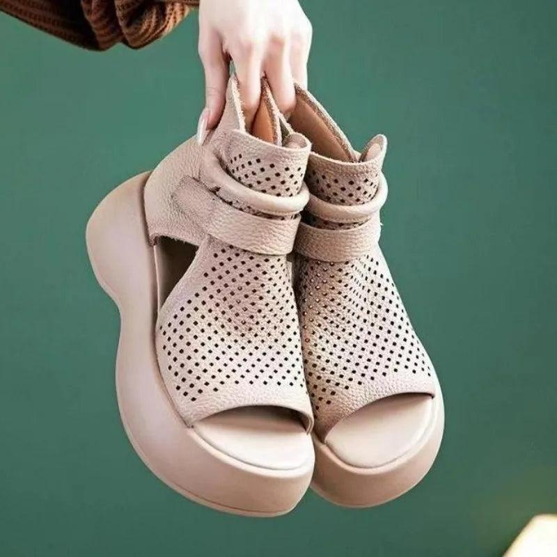 New Hollow Breathable Hole Shoes Thick Sole Leather Fish Mouth Hook Loop Retro Comfortable Wedge Sandal 43